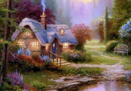 Fairy cute house - house, trees, magic, blue