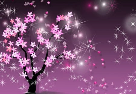 Sparkle of Spring Sakura - abstract, blooms, sparkle, summer, cherry blossoms, spring, petals, pink, stars, Easter, tree, glow, purple, Sakura, hearts, shine