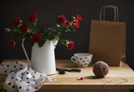 Still Life âœ¿ - style, roses, still life, vase, cup, red, table, flowers, decoration, harmony