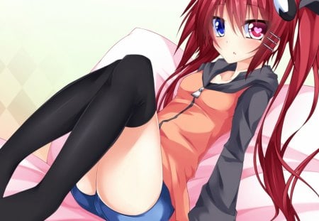 bicolored eyes - girl, stocking, anime, red hair, manga