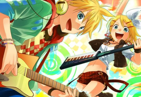 Let's Rock!!!! - rin and len kagamine, headphones, vocaloid, anime, music, guitars, colorful