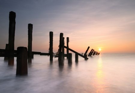 sunrise over an old pier in a misty sea - pier, broken, sunrise, sea, mist