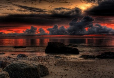 fantastic sunset skies hdr - red, sky, rocks, clouds, beach, sunset, sea, hdr