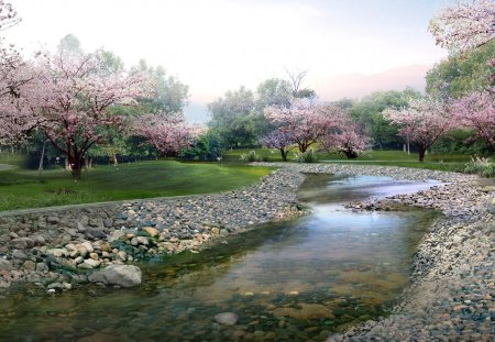 Spring - trees, pink, spring, river