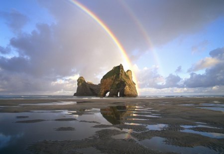 coastal rainbow - n zealand, beach, sea, lage rock, coastal