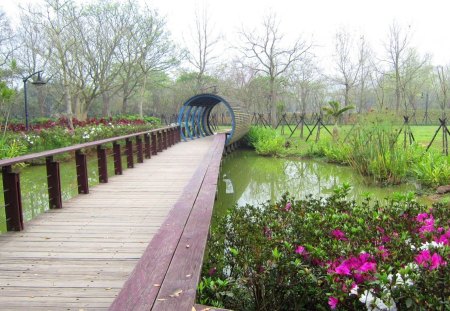 Lovely park - flowers, pond, Lovely, tree, park, bridge