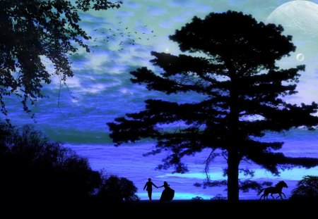 The Perfect Moment - silhouette, blue, moment, tree, couples