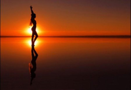 When the sun Play - reflection, play, sunset, girl, nature