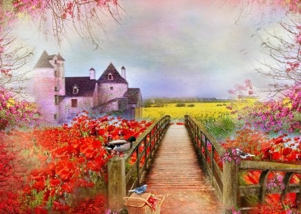 Spring of Poppies - sky, duck, abundant, animals, basket, creative pre-made, art, blossoms, pretty, castle, clouds, orange, bridge, grass, landscapes, birds, fields, blooms, lovely, nature, love four seasons, beautiful, flowers, poppies