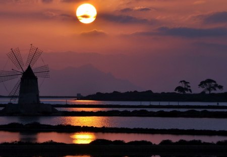 Night - moon, sky, trees, photography, night, water, nature, photographer, art, quiet, full moon, windmill