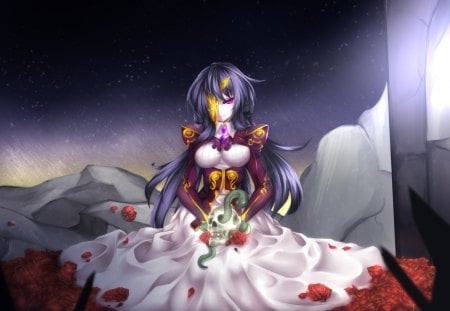 Anime girl - anime, yellow, snake, dress, pink, skull, purple, mask, red, sky, amethyst eyes, girl, flower, manga, white, green, rose