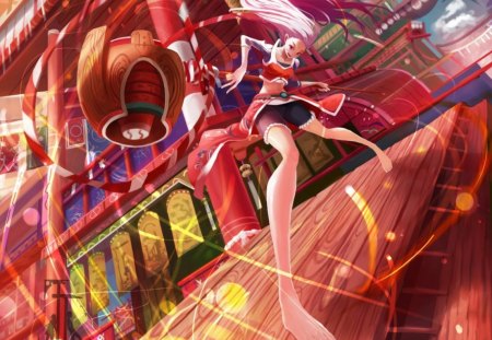 Anime girl - building, girl, legs, white, yellow, pink, red, city, anime, green, pot, temple, manga, ji