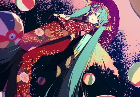 Hatsune Miku - hatsune miku, ball, japanese, purple, lantern, pink, red, vocaloid, blue, umbrella, clothes, anime, green, kimono, manga