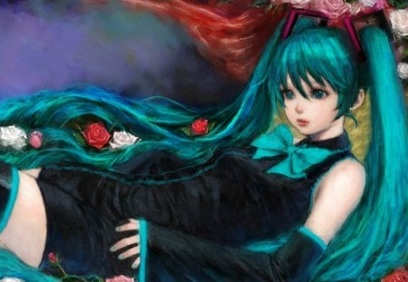 Hatsune Miku - beauty, hatsune miku, girl, hair, black, rose, painting, white, art, red, vocaloid, anime, green, flower, dress, manga