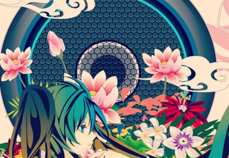 Hatsune Miku - hatsune miku, lake, vector, girl, hair, lotus, pink, red, vocaloid, blue, anime, green, flower, manga