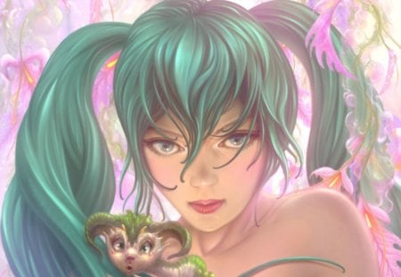 Hatsune Miku - beauty, hair, fantasy, spring, art, horned, anime, green, aries, cute, manga, hatsune miku, vocaloid, pink, blue, creature, flower