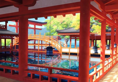 Beautiful place - red, water, temple, yellow, bridge, blue, garden, lake, lantern, tree, japanese, asian, green