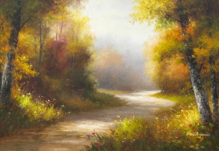 Painting - Autumn - pretty, quiet, trees, lonely, beautiful, lovely, leaves, flowers, nature, autumn, painting, nice, paradise, peaceful, art, sky