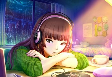 Anime girl - girl, tea, night, computer, cup, purple, evening, headphones, pink, blue, city, interior, anime, green, lights