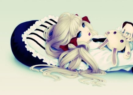 Lolita - rabbit, anime, blue, fashion, girl, beauty, pink, lolita, black, manga, white, red, pillow, bow, blue eyes