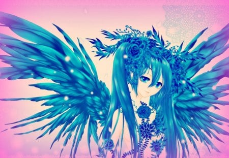 Hatsune Miku - hatsune miku, angel, girl, wings, art, pink, vocaloid, blue, anime, feather, flower