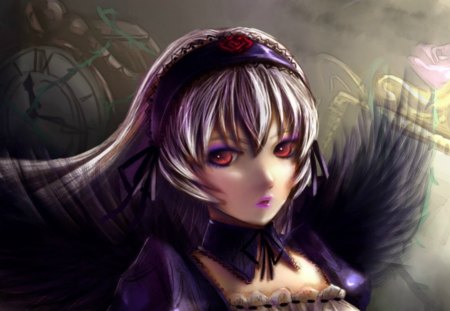 Gothic Lolita - beauty, girl, gothic, black, rose, rozen maiden, red eyes, purple, pink, amethyst eyes, anime, feather, lolita, flower, manga