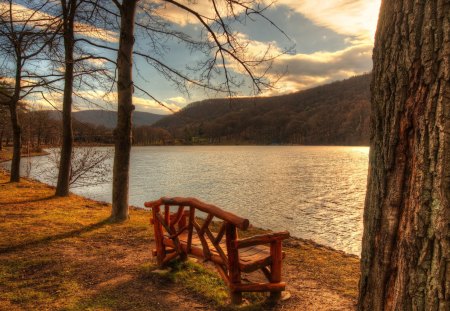 Bench at the Lake - landscape, trees, water, mountains