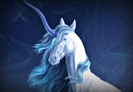 Unicorn - creature, animal, fantasy, white horse, blue, horn, unicorn