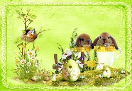 happy easter bunny - eggs, birds, yellow, spring, grass, sweet, easter, flowers, daisies, white, nature, green, bunnies