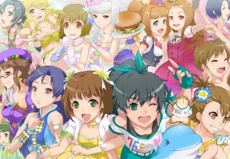 ~Idolmaster~ - outfits, anime, winks, hats, hamster, colorful, happiness, idolmaster, glasses, cute, friends, hamburger