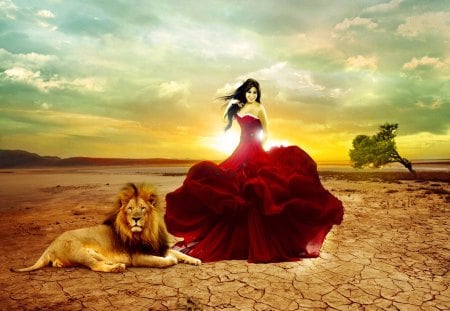 ♥.Red Dress with Lion.♥ - pretty, people, female, eyes, dress, photomanipulation, light, sunsets, gorgeous, face, lion, shines, sky, other, Najwa Karam, women, clouds, beautiful, red dress, digital art, models, lovely, hair, tree, girls, lips, lady, animals