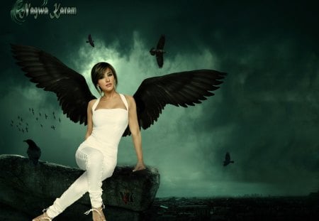 â™¥.Her Wings.â™¥ - girls, women, najwa karam, models, lips, female, people, hair, eyes, magic, fantasy, other, face, amazing, pretty, dark, digital art, lady, lovely, raven, crow, beautiful, awesome, dress