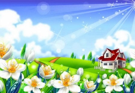 Spring freshness - summer, animated, grass, fresh, light, field, nature, colorful, shine, greenery, meadow, rays, flowers, spring, sun, sky, freshness, sunlight, clouds, house