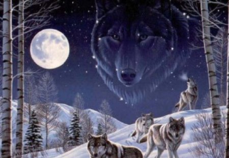 Watching Over My Brotherhood - moon, abstract, trees, fantasy, snow, animals, wolves