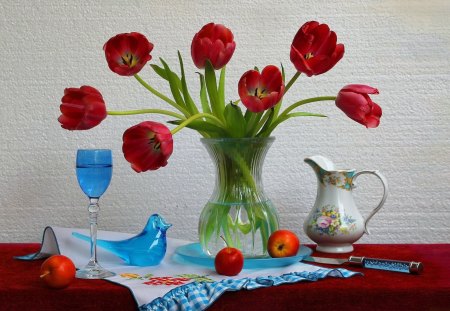 Still life - nice, drink, fresh, freshness, glass, fruits, delicate, tulips, tender, lovely, still life, vase, pretty, red, beautiful, flowers