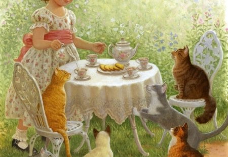 Tea Party - cream, fantasy, girl, cats, tea, party