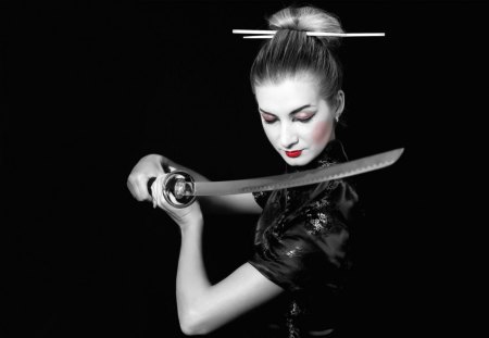 Japanese sword - beauty, woman, japanese sword, wp, red lips, bw, black, asian girl, white, art, portrait, digital, duotone, sword