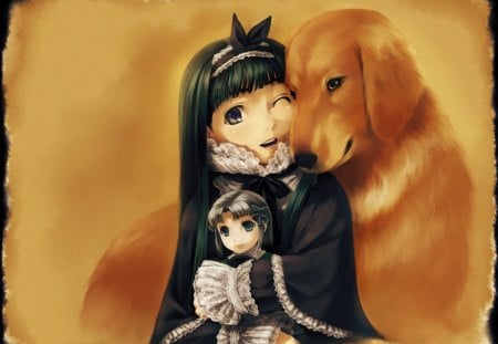 Happy girl - anime, girl black, yellow, dress, dog, gothic, doll, manga, white, animal, cute, puppy, art