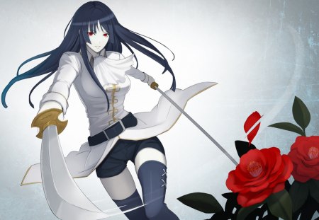 Anime girl - woman, gintama, girl, samurai, black, white, katana, red, peony, anime, sword, flower, manga