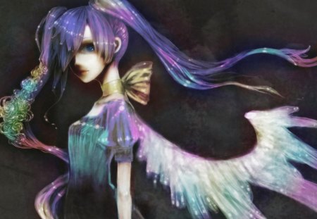 Hatsune Miku - hatsune miku, rainbow, angel, girl, wings, black, art, purple, pink, vocaloid, blue, anime, manga