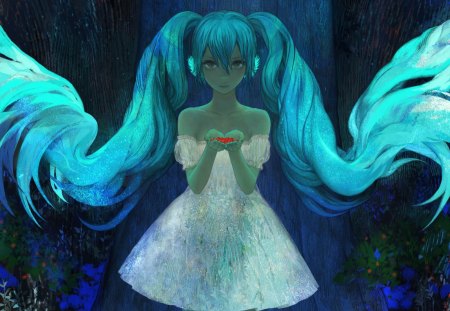 Hatsune Miku - red, black, beauty, vocaloid, anime, girl, dress, blue, manga, art, white, hair, hatsune miku