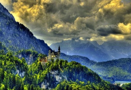 THE CASTLE - clouds, Neuschwanstein, Germany, hdr, forested, forest, mountains, castle