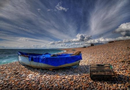 Waiting for High Tide - sky, fishing, ocean, pebbles, ropes, boat