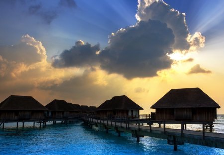 Sunset - sunset, the houses, clouds, the sea