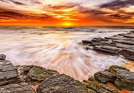 Sunset - cloud, the sea, Sunset, rocks