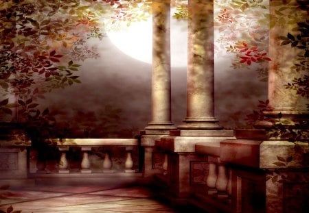 A VIEW from BALCONY - moon, art, balcony, trees, leaves