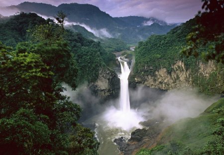 San Rafael falls - trees, forest, clouds, mountains, foggy, landscapes