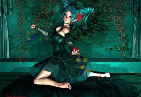 **Pretty Green Cherry Blossom** - pretty, female, eyes, dress, sharp, photoimpact, leaves, flowers, textures, 3Dimensional art, effects, face, tattoo, cherry blossom, beautiful, digital art, lovely, sweet, hair, characters, colorful, lips, green, bright, butterfly, cute