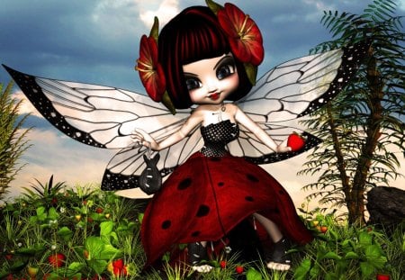 **Cute Strawberry Bug** - fun, eyes, hair, wings, colorful, face, bug, digital art, butterfly, strawberries, beautiful, leaves, sweet, fairy, dress, beauty, sky, mushroom, trees, lips, female, characters, fantasy, pretty, 3d art, clouds, green, fairies, grasses, cute, love, fruits, plants, lovely, bright, red, flowers, colors