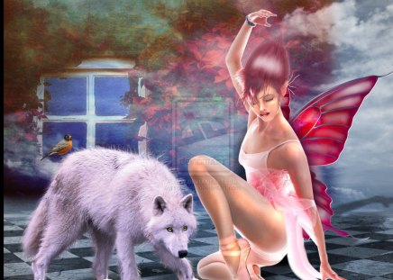 **Angel Ballet and the Wolf** - pretty, female, dog, photomanipulation, flowers, fairies, door, face, women, dancer, digital art, colors, love, hair, girls, lips, wings, cute, ballet, animals, bird, people, angels, wolf, splendor, eyes, beautiful, models, cool, lovely, sweet, colorful, fantasy, bright, fairy